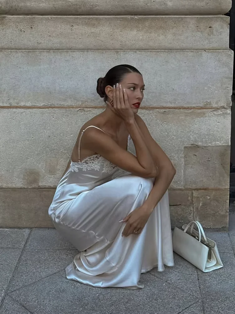 Women Sexy V-neck Satin Sling Maxi Dresses Chic White Lace Patchwork Sleeveless Backless Slim Gowns Summer Evening Party Dress