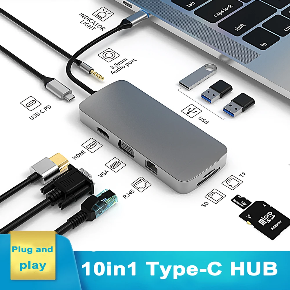 Usb c Hub tipo c Divisor para Hdmi4k Docking Station Portátil Adaptador com pd sd tf Rj45 Thunderbolt para Macbook ar Ipad m1 Pro - Imagem 6