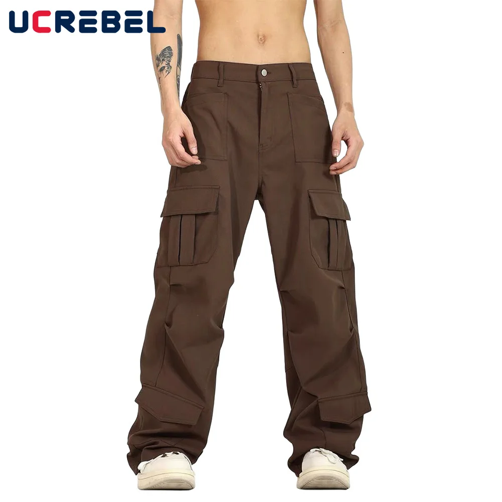 

Брюки мужские однотонные с эластичным поясом, повседневные свободные прямые штаны с несколькими карманами, брюки с широкими штанинами, уличная одежда, осень-зима