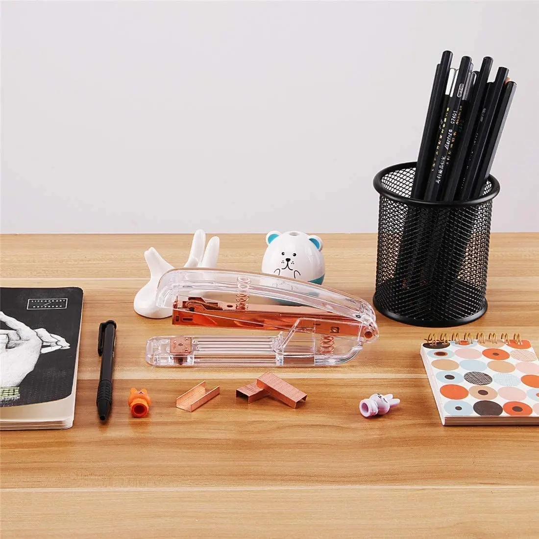 소형 사무용 스테이플러, 투명 스프링 구동 데스크탑 표준 스테이플러, 무료 1000개 표준 스테이플 포함 - 로즈 골드