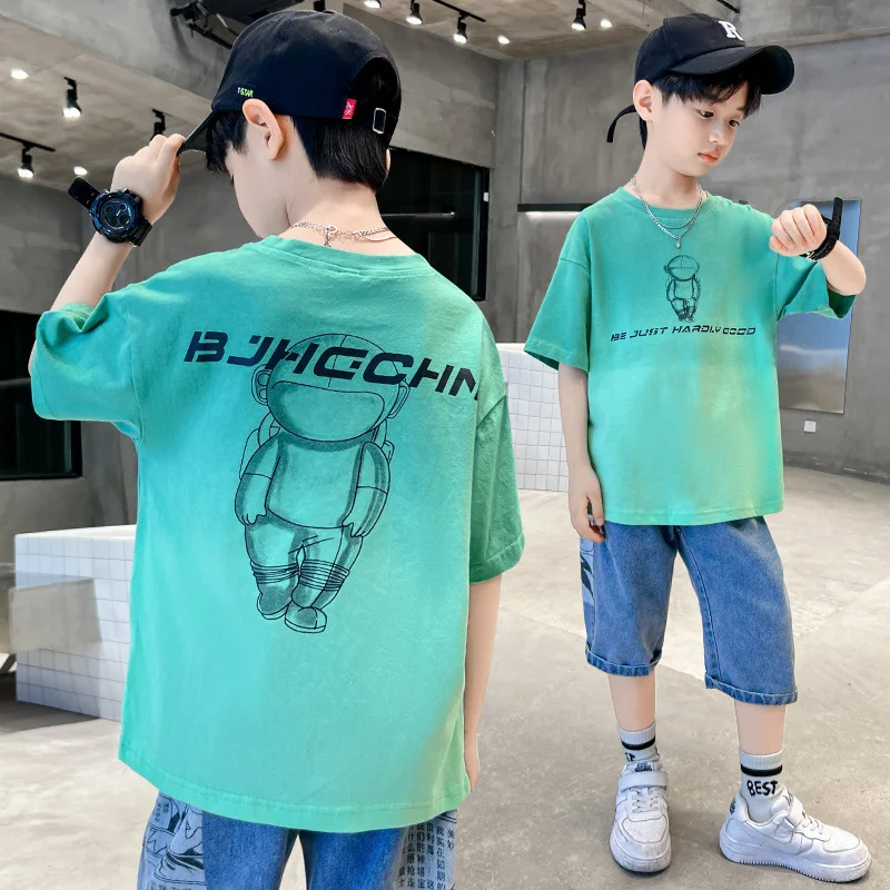 

2024 Korean Summer Junior Boy Sportswear Teenager Boy Cartoon Casual Cotton T-shirt Children Boy Short-Sleeved T-Shirt Tops