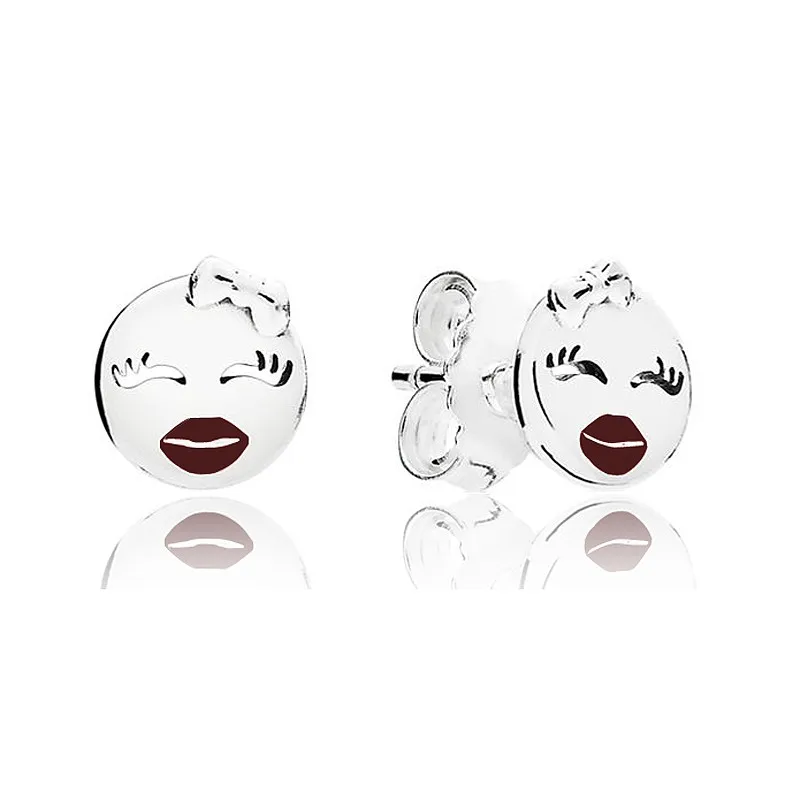 

Original Sparkling Red Enamel Playful Wink Stud Earrings For Women 925 Sterling Silver Wedding Fashion Jewelry