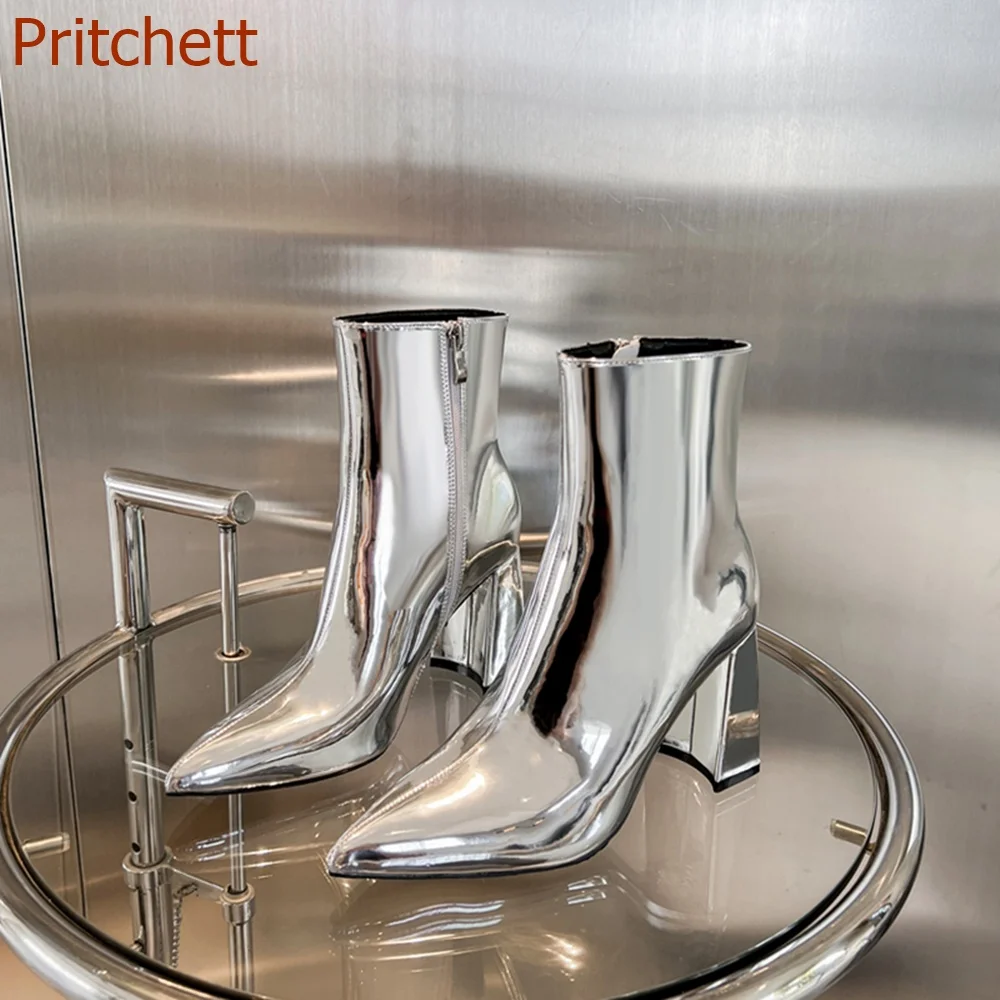 

Pointed Toe Square Heel Women Boots Short Boots Silver Mid Calf Fashion Casual Sexy Party Casual Women Shoes 2023 New Arrivals