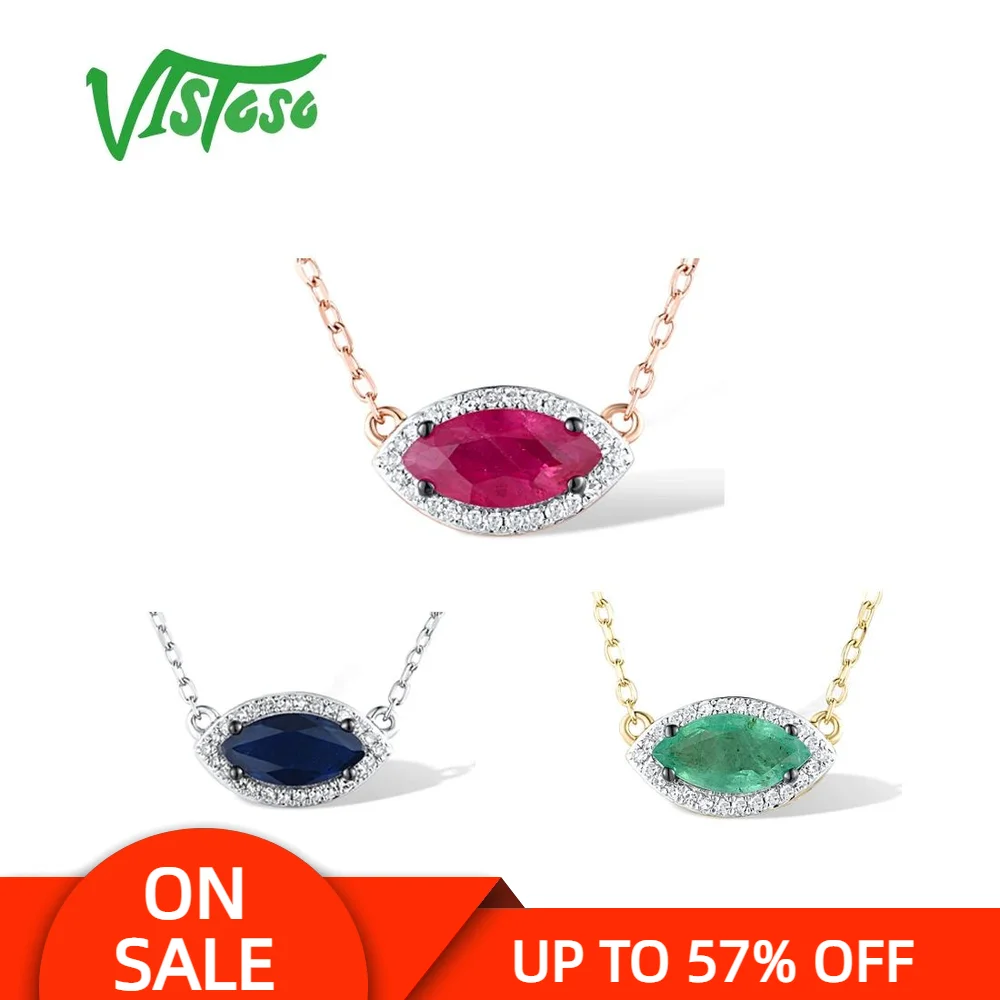 VISTOSO Pure 14K 585 Yellow White Rose Gold Necklace For Women Shiny Blue Sapphire Ruby Emerald Trendy Chic Gifts Fine Jewelry