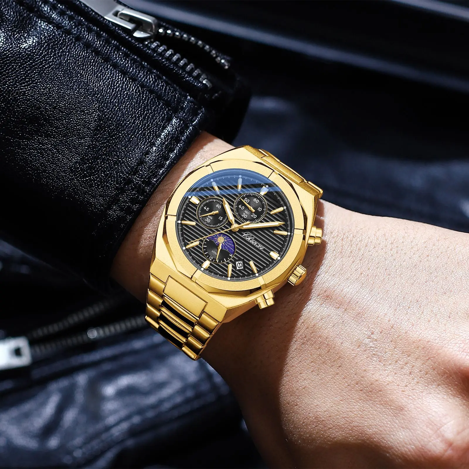 Luxury Gold Watches Men Big Dial Chronograph Multi Functiom Casual Business Quartz Wristwatch for Men Waterproof Steel Strap
