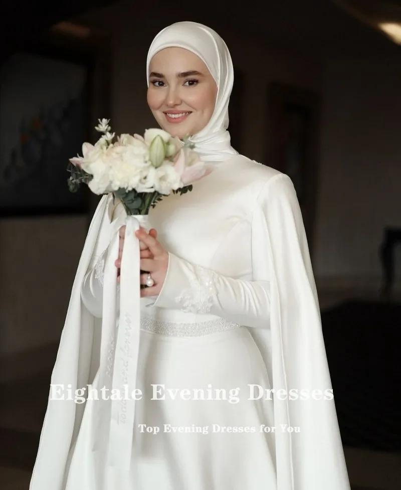 Eightale Muslim Wedding Dress High Neck Satin Customized Beaded Sashes Arabic Bridal Gown Long Sleeves Vestido De Noiva 6