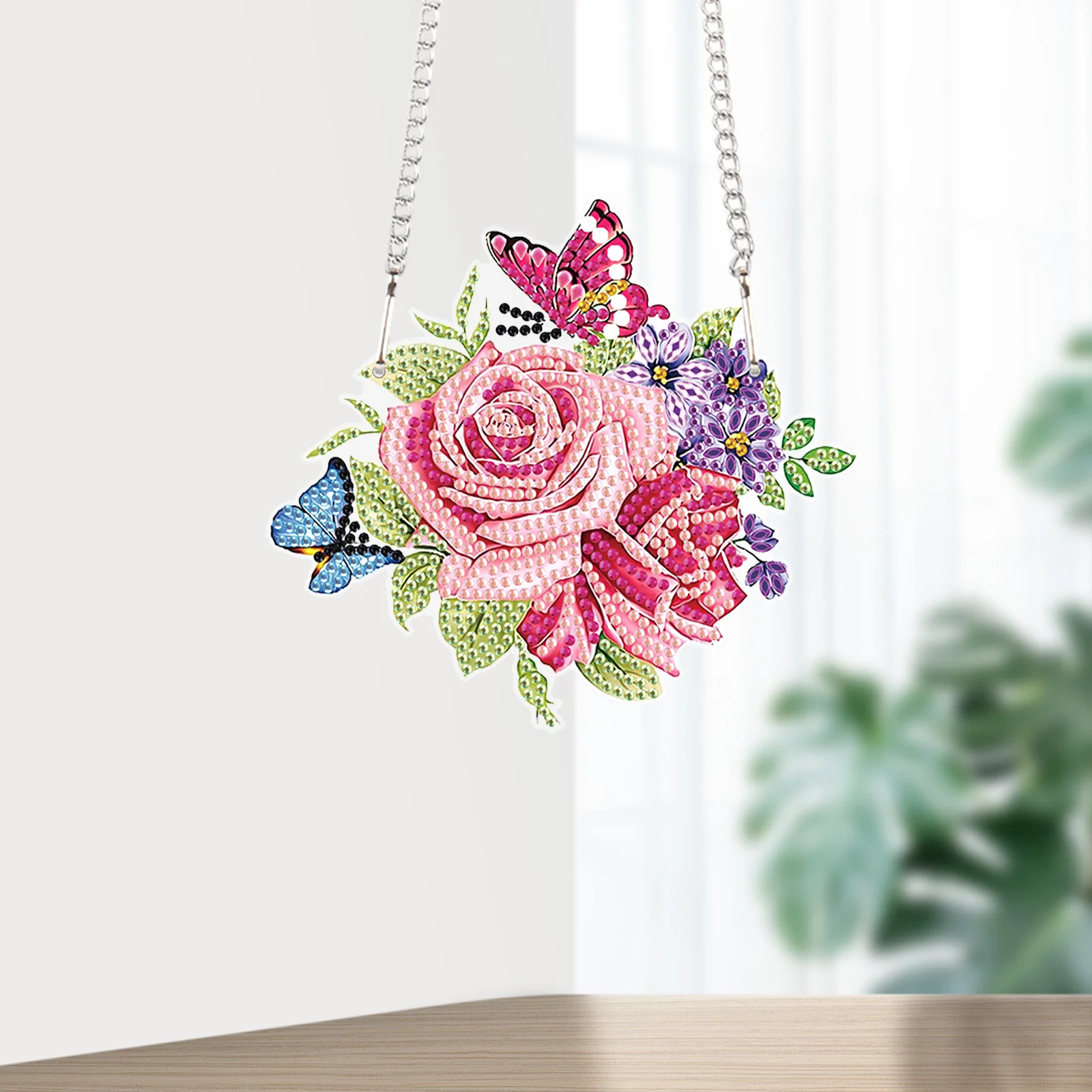 Hanging Decoration Diamond Art Painting Kits, Flowers and butterflies Special Shape Diamond Home Wall Garden Window Decoration