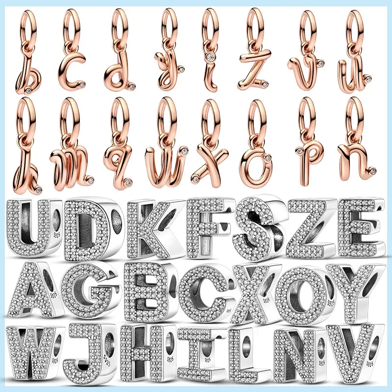 2023 New S925 Sterling Silver Rose Gold 26 Letter A-z Script Letter Drape  Charm Fit Pandora