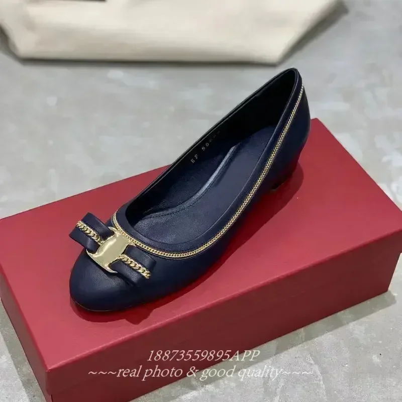Top quality soft suede round head chain bow women's flat 3cm chunky heels elegant women's office work shoes 6