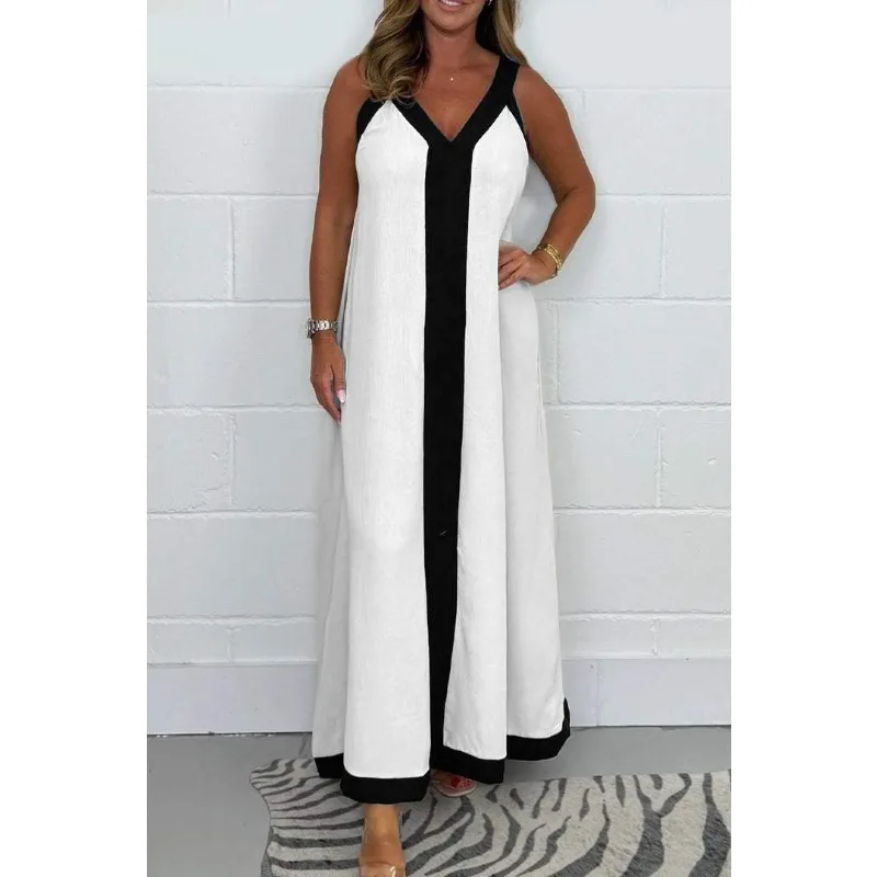 Hot Sale New Casual Loose Color Block V Neck Sleeveless Long Maxi Dress for Women