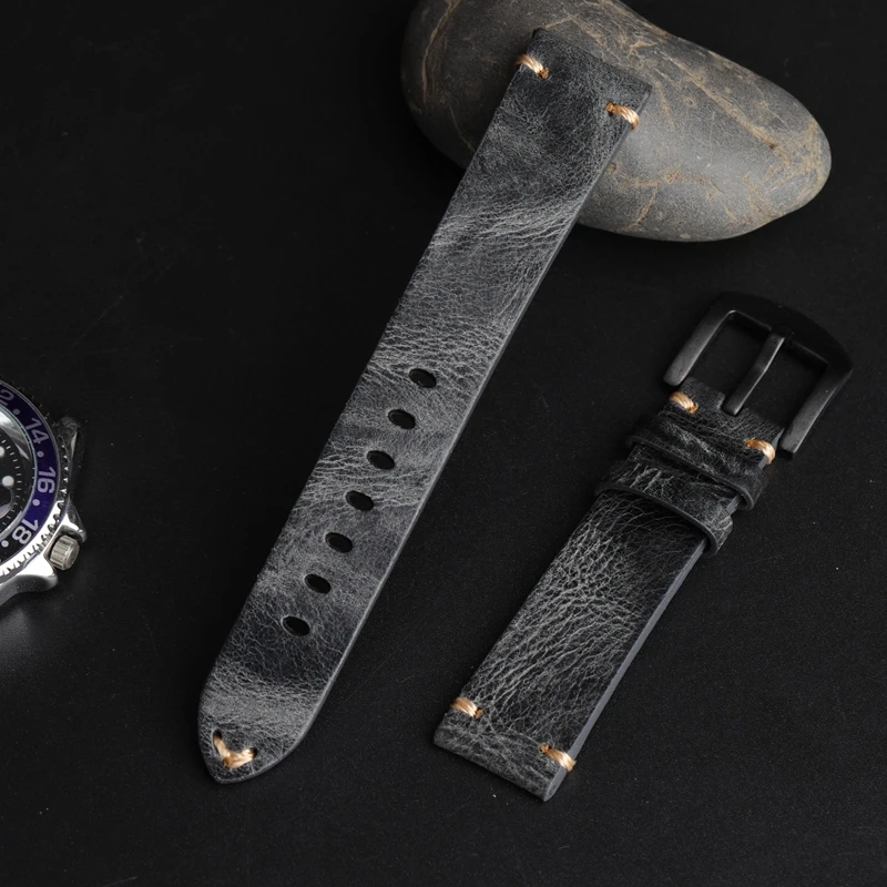 High Quality Cow Leather Watch Strap Band 18mm 19mm 20mm 21mm Retro Handmade Watchbands Gray Color Men Watch Accessories