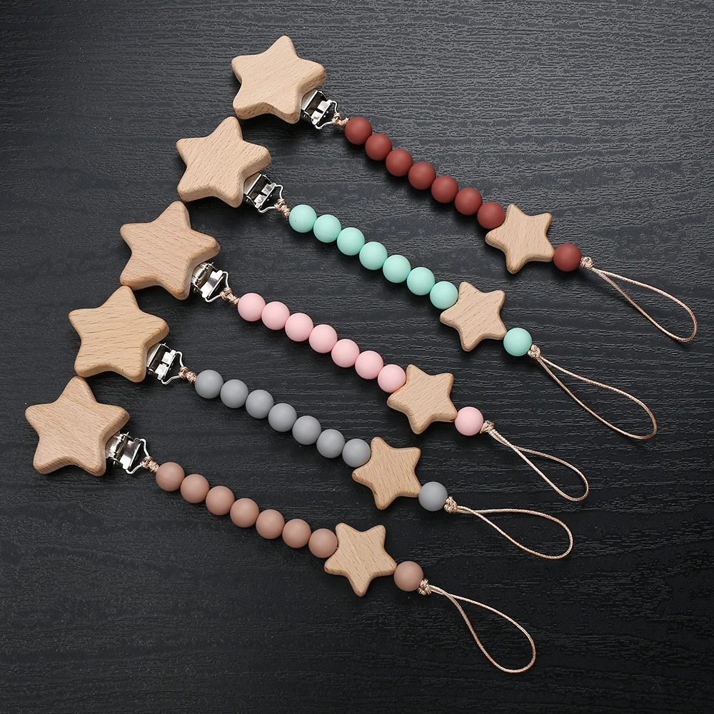 Beech Wooden Star Pacifier Baby Pacifier Clip Nipple Holder Dummy Holder for Baby Nursing Toys Accessory