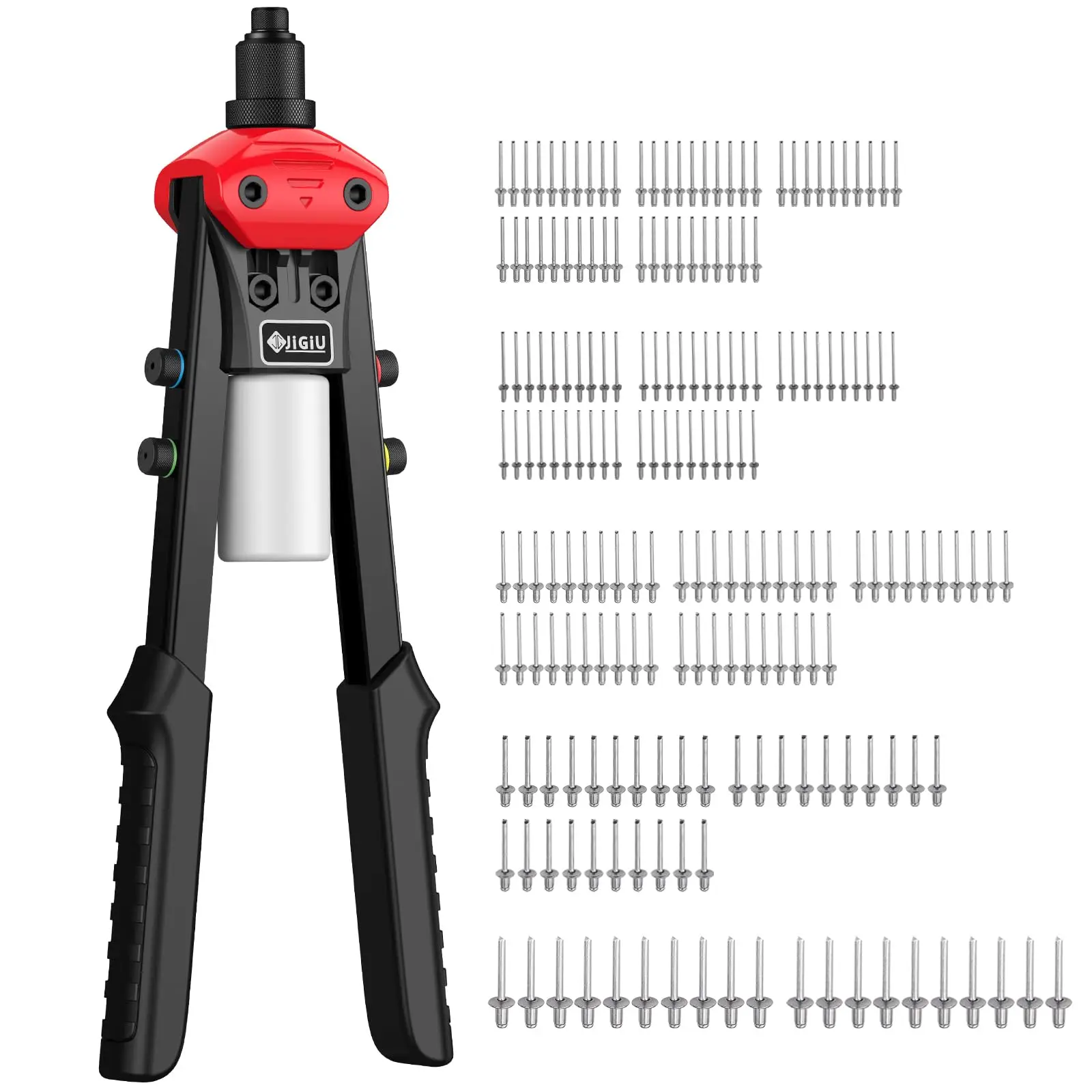 JiGiU 13" Heavy Duty Hand Riveter Tool Professional Pop Rivet Gun Rivet Tool Kit with 200PCS Rivets & 5 Nosepieces