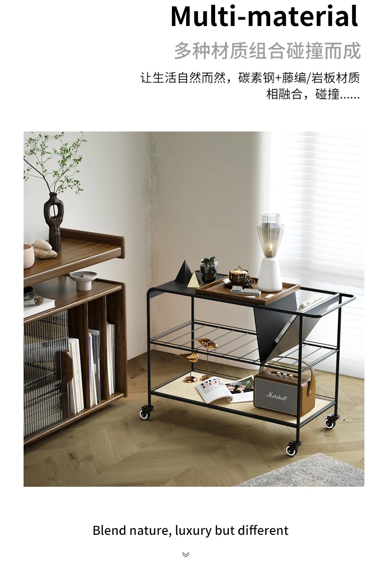 Modern Minimalist Small Cart Tea Table Luxury Rattan Bedside Table Center Movable Rock Slab Living Room Designer Furniture 커피테이블