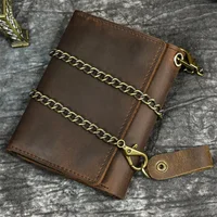 Men Genuine Leather Short Wallet with Chain Zipper Clutch Wallets Male Short Trifold Purse Card Holder Change Coin Purse 2