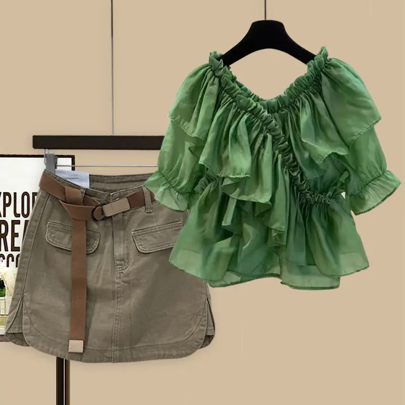 Large Size Slimming and Fashionable Two-piece Set for Women's Summer Ruffled V-neck Chiffon Top, Denim Short Skirt Two-piece Set