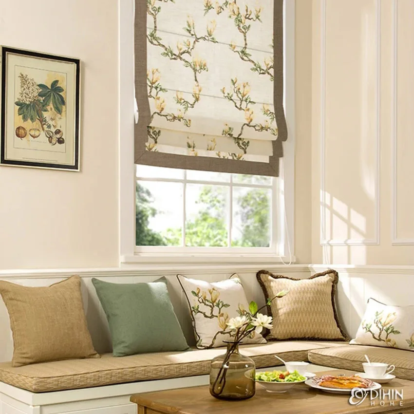 

Pastoral Cotton Linen Printed Flower With Brown Border Custom Made Roman Shades Window Drapes For Living Room Included Mechanism