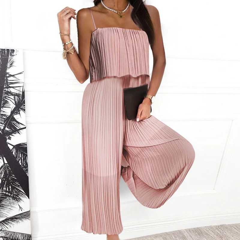 

Summer Women Fashion Casual Sweet Sleeveless Solid Color Square Neck Spaghetti Strap Ruffle Hem Pleated Wide Leg Jumpsuit