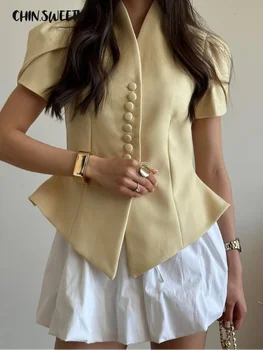 Elegant Women's Irregular Shirts Short Sleeve Waist-Closed Button V-Neck Lady Top 2026 Spring Summer Chic Female Street Outwear 1