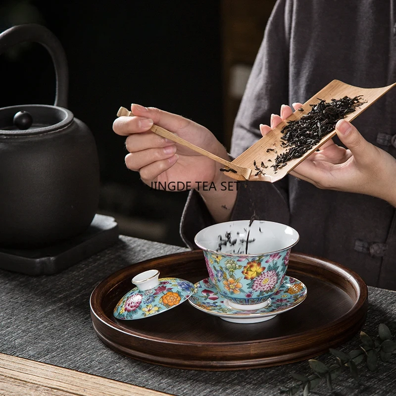 150ml Palace Luxury Enamel Ceramic Cover Bowl Hand drawn Flower Pattern Travel Tea Set