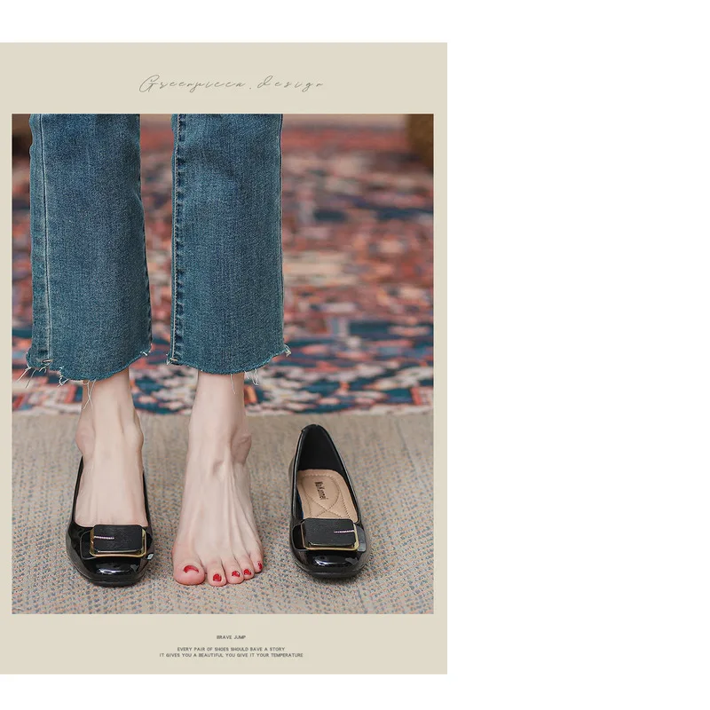 French Style Women's Flat Shoes Leather Square Toe Low Block Heel_voghion.com