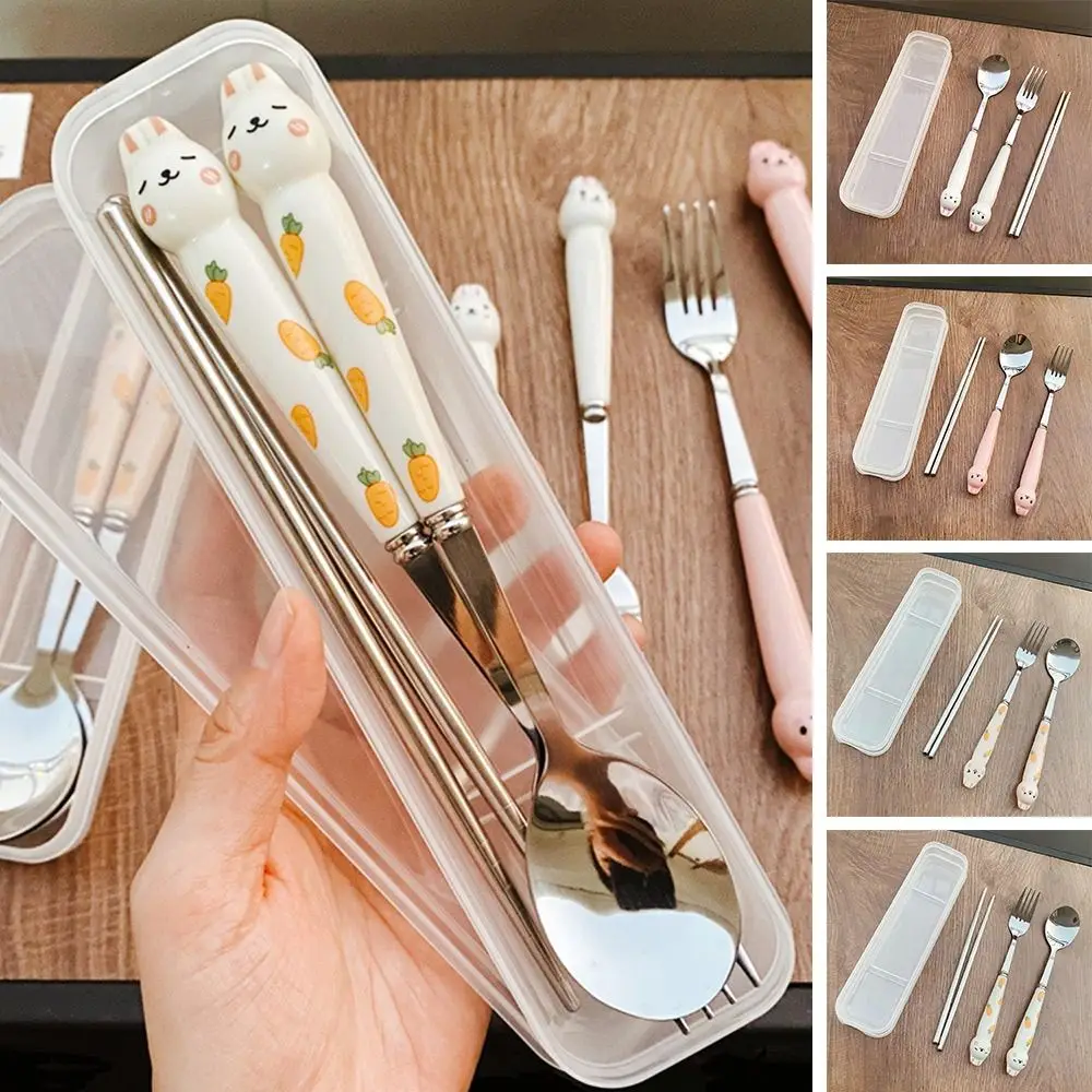 토끼 식기 세트, 스테인레스 스틸, 학생 식기류, 만화 젓가락 숟가락 포크 세트 