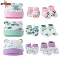 New Newborn Baby Cotton Beanies Hospital Hat Mittens Shoes Sets Solid Candy Color Stretchy Infant Warm Cap Gloves 0-1 Years Old 1