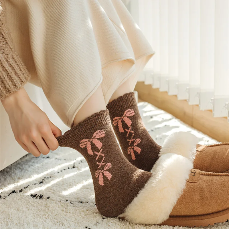 

Sweet Cute Women Socks Japanese Kawaii Pink Bow Autumn Winter Thick Warm Socks Wool Cashmere Thermal Harajuku Vintage Long Socks