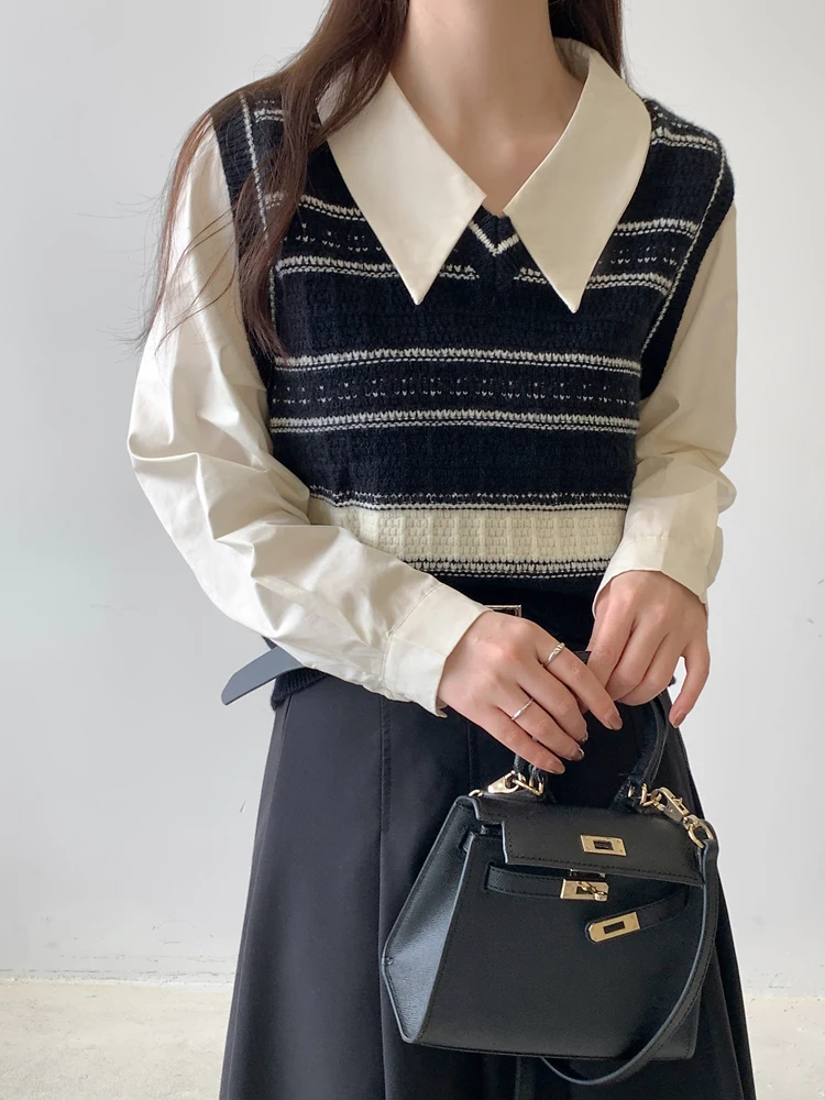 

Autumn new Korean fashion retro knitted splicing fake two-piece shirt loose literary style design loose lapel niche top chic