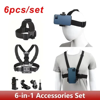 Set di 6 accessori per action camera, kit con cinturino per la testa, cinturino per il petto, supporto regolabile per telefono, compatibile con GoPro e Insta360.