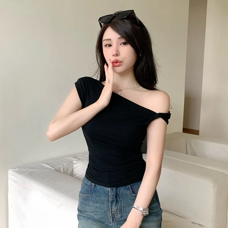 

Spice Girls Strapless Short Sleeve T-Shirts Women Summer New Solid Color High Waist Versatile Niche Sexy Slim Short Tops Female