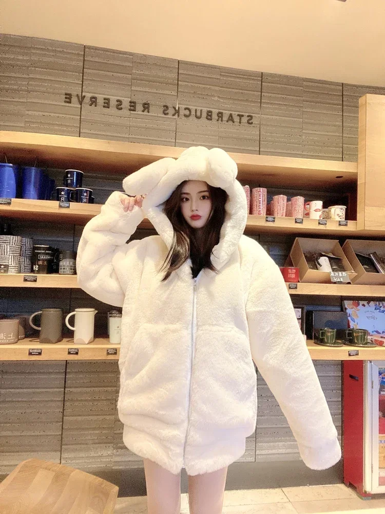 2023 Winter New Rabbit Fur Environmental Protection Fur Thickened Fleece Velvet Coat Female Cute Ears Hooded Mid-Length Coat