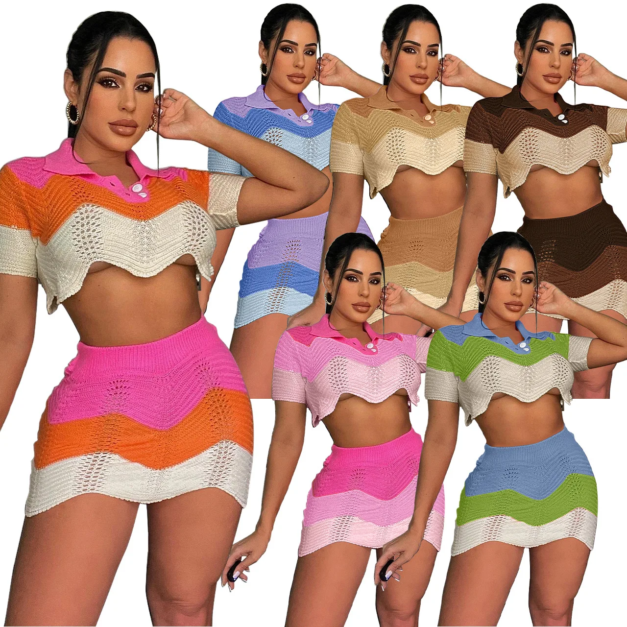 

2022 Elegant Temperament Hollow Out V-Neck Fashion Polo Shirt Short Sleeve Wool Multi-Color Slim Bag Hip Skirt Two Pieces Suit