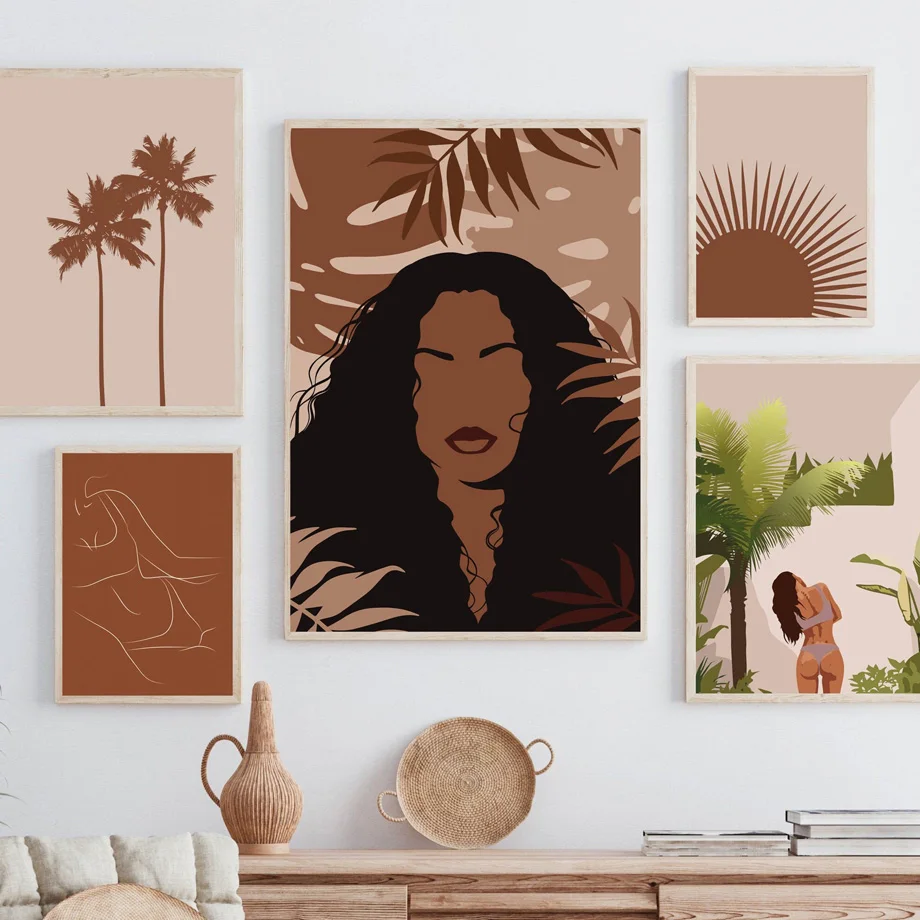 

Boho Abstract Black Girl Palm tree Sun Monstera Nordic Poster Print Canvas Painting Bedroom Wall Art Living Room Home Decoration