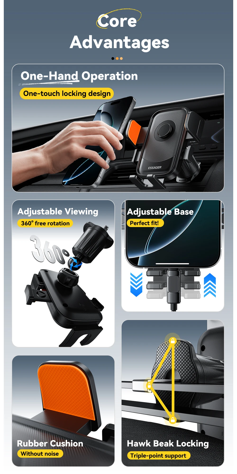 360°Rotating Car Phone Holder One-touch locking Air Vent Clip Universal Phone St