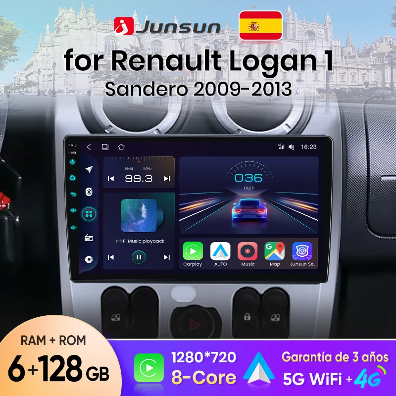 Junsun Wireless CarPlay Android Auto Autoradio für Renault Logan 1 Sandero 2009-2013 Auto-Intelligentes System BT FM Spanisch Lokal