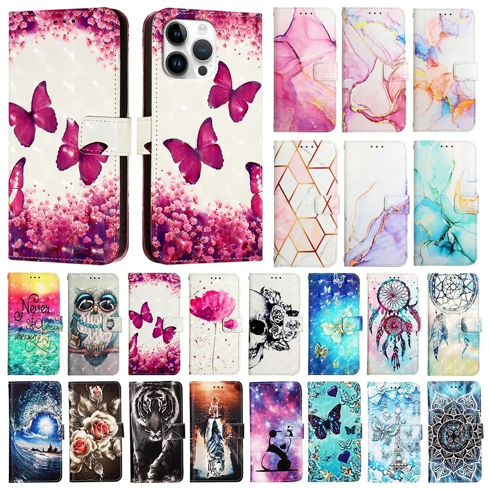 Cute Painted PU Leather Flip Wallet Book Cover with Card Holder & Strap