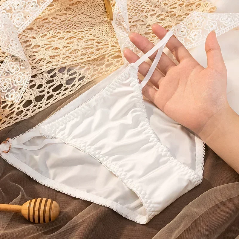 Sexy Silk Satin Panties for Women French Style Light Luxury Underwear Low Waist Solid Color Pure Cotton Crotch Breathable Briefs
