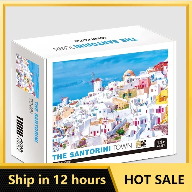 70*50cm Adult Puzzle 1000 Pieces Paper Jigsaw Puzzle The Santorini Town Famous Painting Series Learning Education Craft Toy