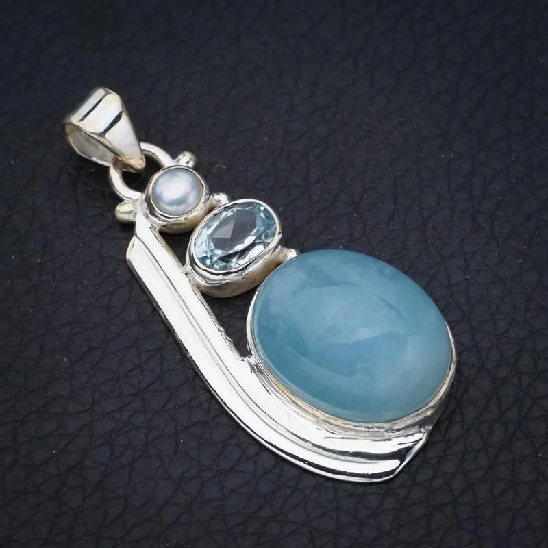 

StarGems Milky Aquamarine Blue Topaz And River PearlHandmade 925 Sterling Silver Pendant 1.75" F4888