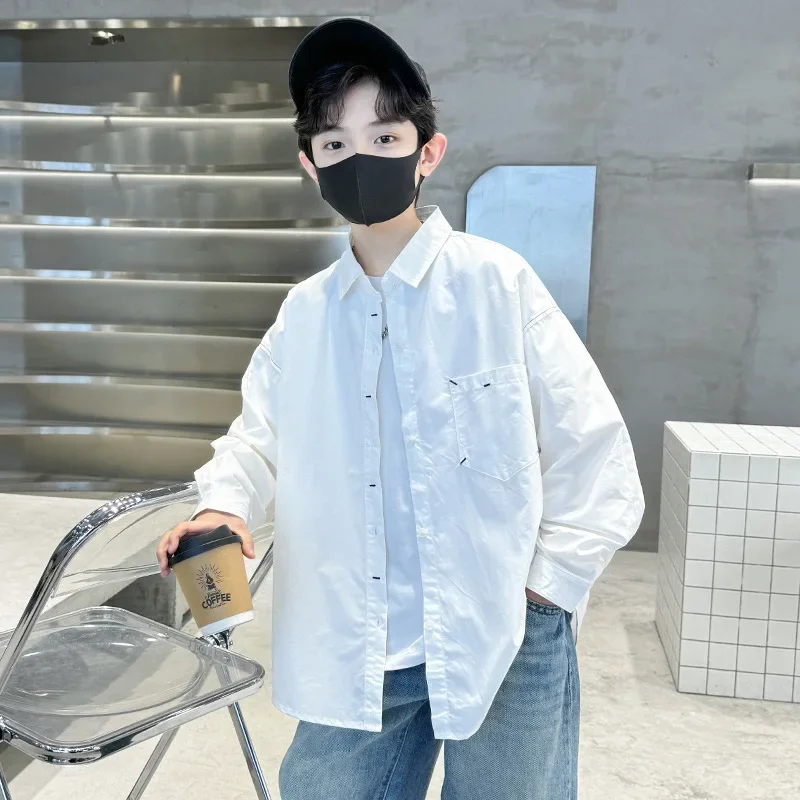 Boys Pure Color Spring Autumn Shirt Trendy Medium And Large Children's Clothing White Shirt Knot Design Male Kids Fashionable