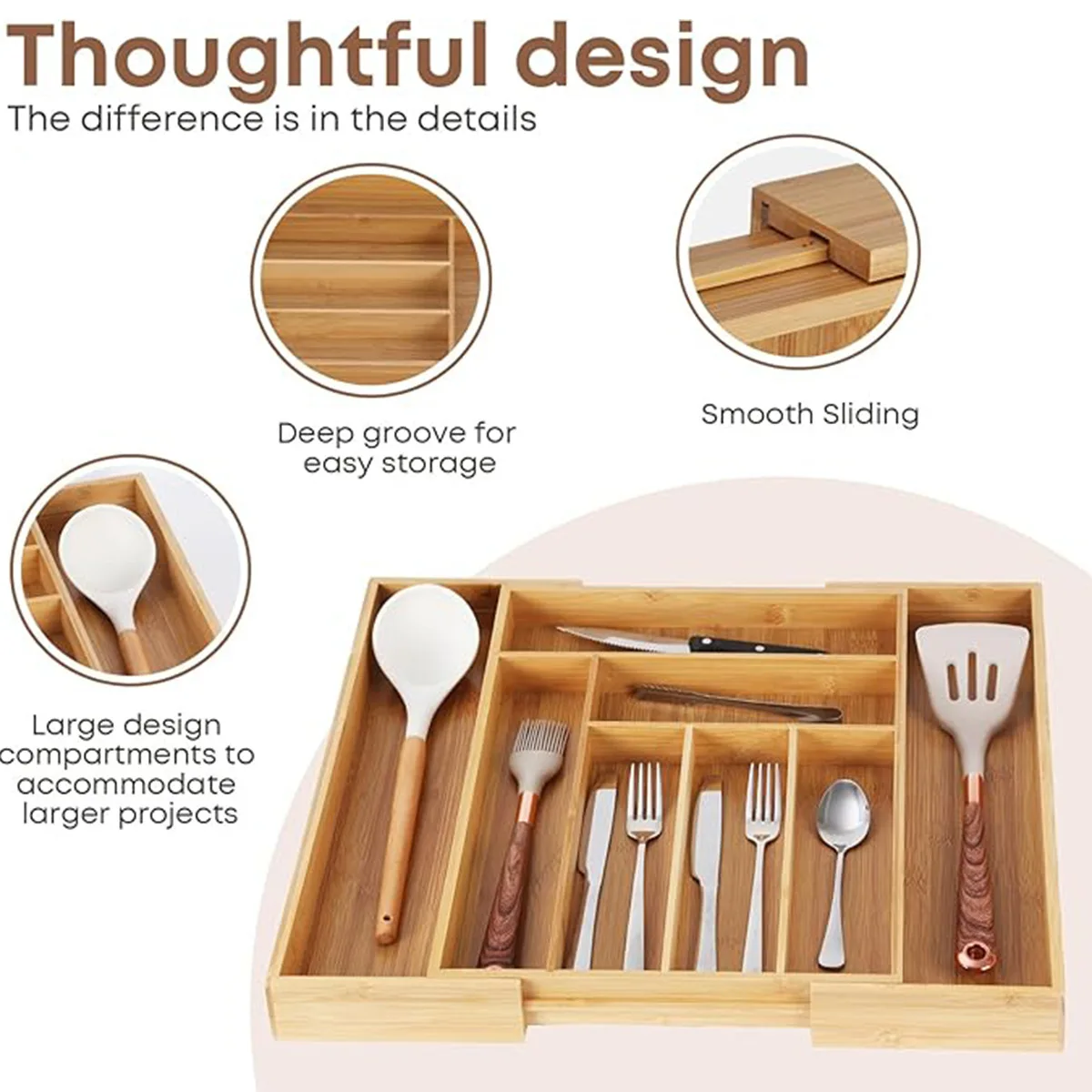 Bamboo storage box expandable knife and fork dividing and organizing box, drawer style cutlery storage boxes 6