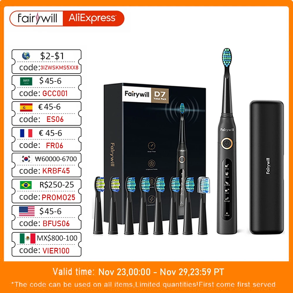 Fairywill Fw507 Spazzolini Elettrici Sonici Per Adulti Bambini 5 Modalità Smart Timer Ricaricabile 8 Testine Per Spazzolini Super Sbiancanti