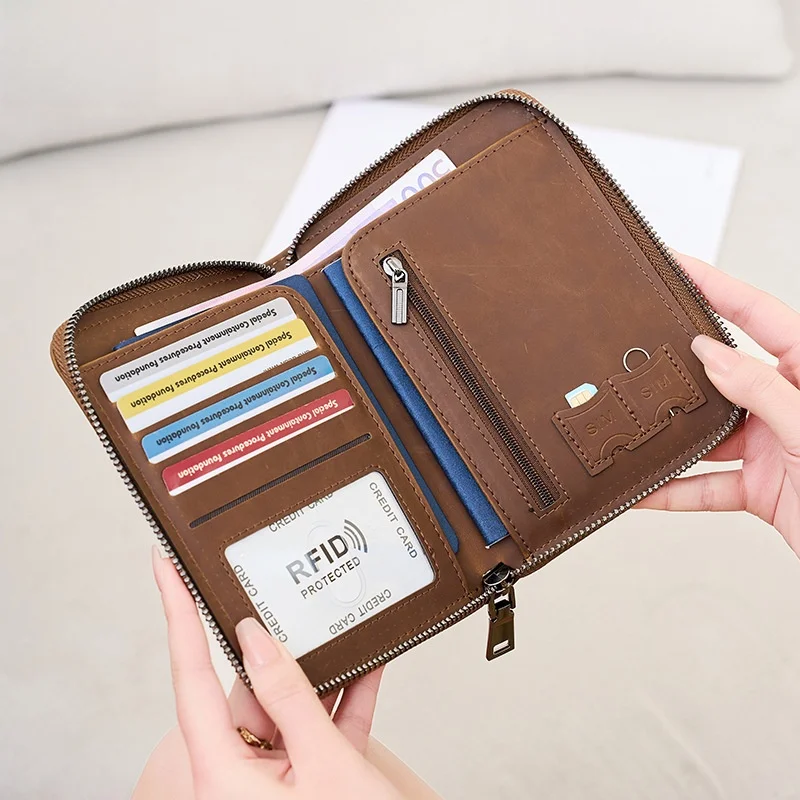 Retro Mad Horse Leather Anti-Theft RFID Passport Holder Multi-Function Travel Document Wallet Wear-Resistant Gender Neutral