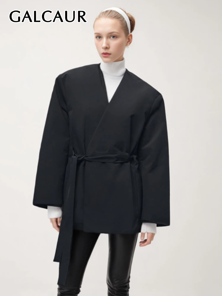 

GALCAUR Minimalist Temperament Coat For Women V Neck Long Sleeve Patchwork Lace Up Autumn Casual Solid Loose Coats Female New