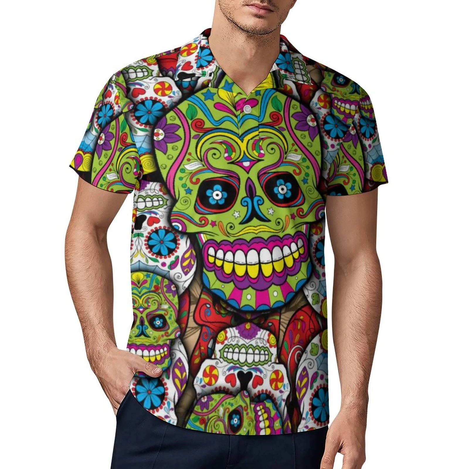 Polos informales con estampado Floral de Calavera, camisetas con patrón de calaveras de azúcar, camisa de manga corta con fecha, polos de gran tamaño la moda, | - AliExpress