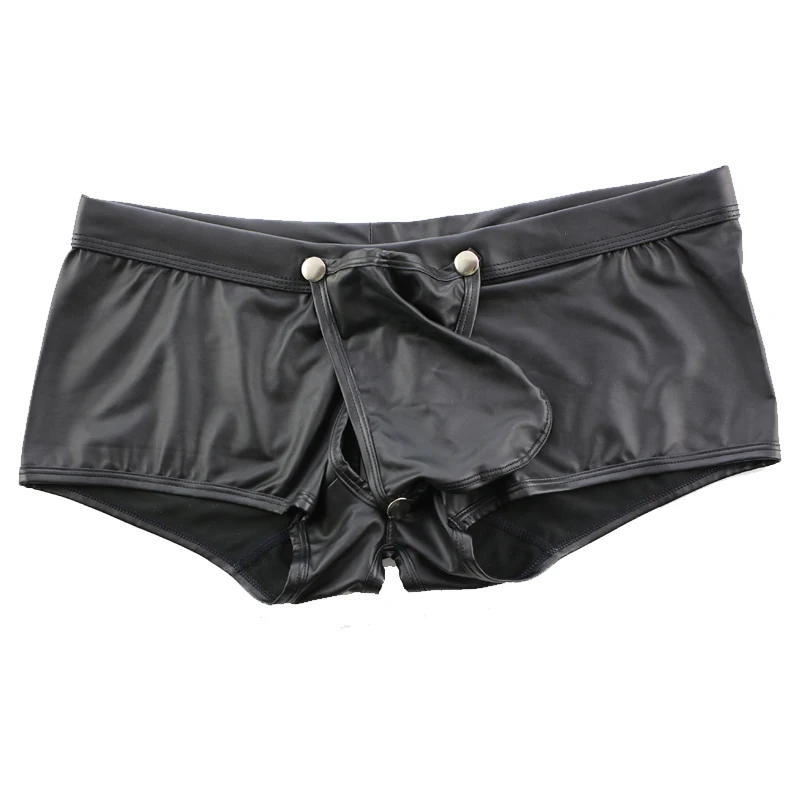 PU Leather Men's Boxer Shorts Sexy Big Penis Pouch Gay Underwear Low Waist Buttons Back Open Erotic Boxers Hollow Out Underpants 5