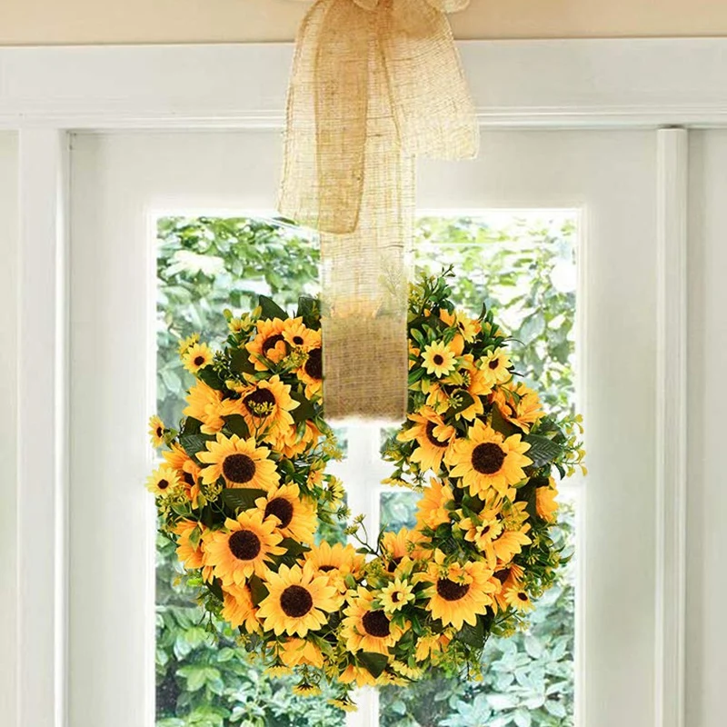 LAMF Artificial Sunflower Summer Wreath, 16 Inch Decorative Floral