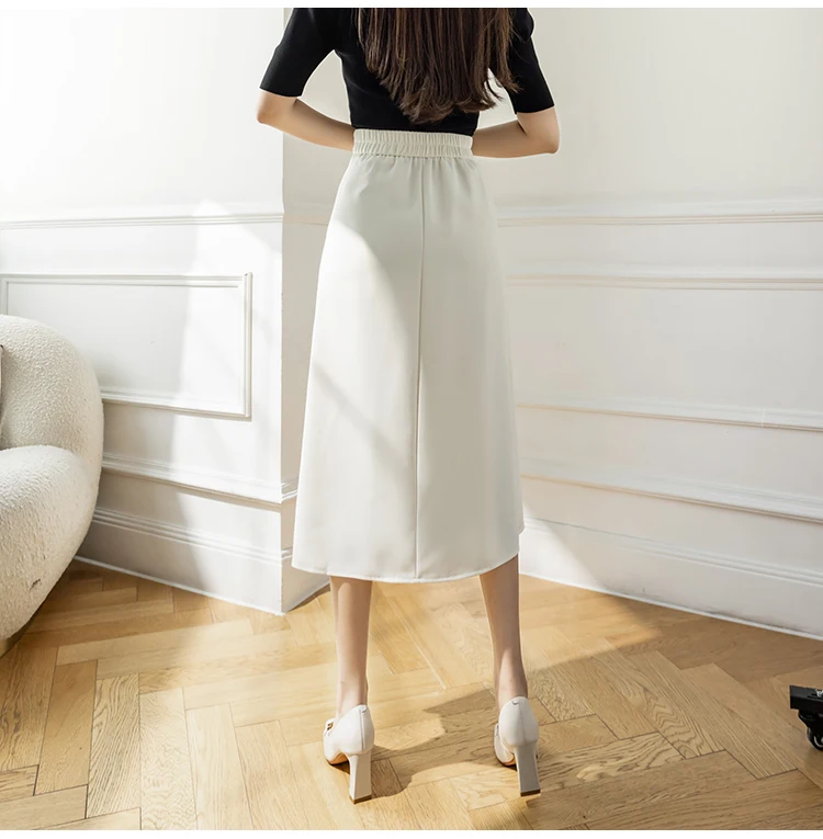 2022 Spring Summer Women's Elegant Pleated Suit Skirts High Waist Fashion Office Ladies Elastic Waist A-line Midi Skirt Vintage brown skirt