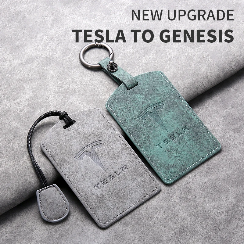 Leather Car Key Card Case Cover Protector Holder Shell Tesla Model 3 Model Y Keyless Keychain Accessories